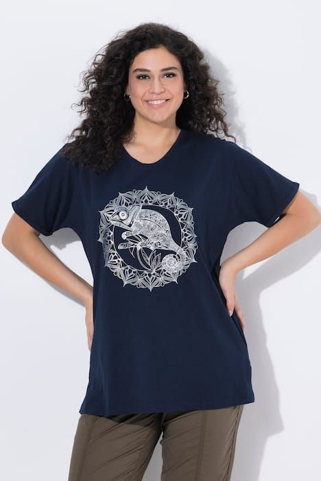 T-shirt mandala animal métallique, décolleté en V et manches courtes