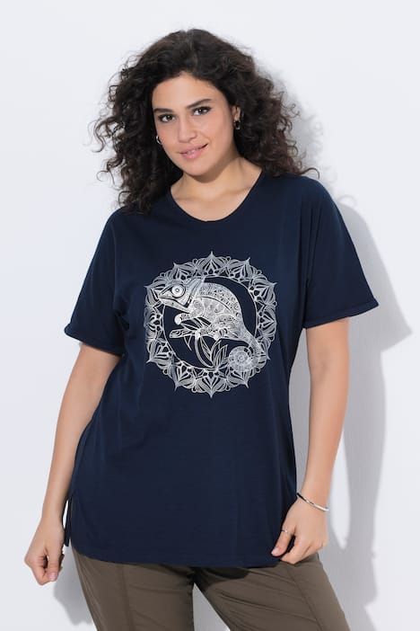 T-shirt mandala animal métallique, décolleté en V et manches courtes