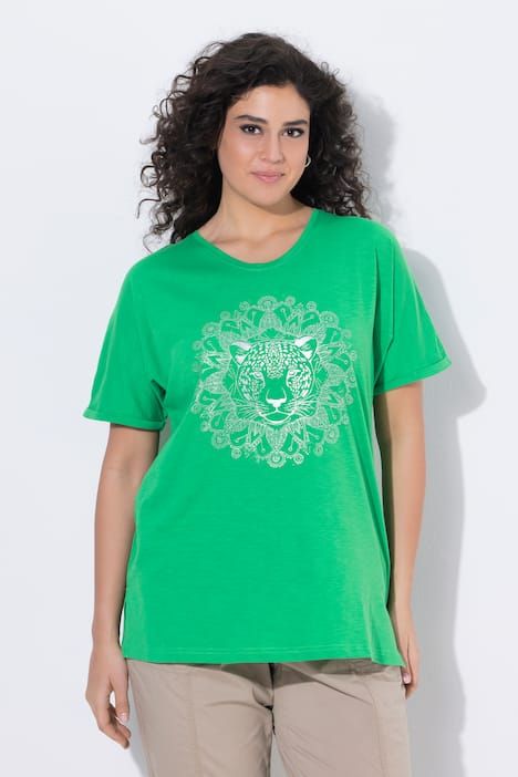 T-shirt mandala animal métallique, décolleté en V et manches courtes