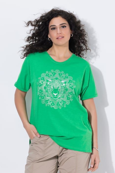 T-shirt mandala animal métallique, décolleté en V et manches courtes