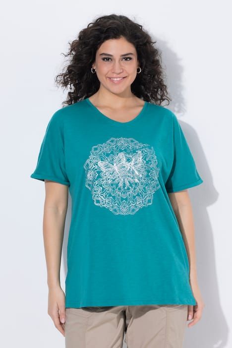 T-shirt mandala animal métallique, décolleté en V et manches courtes
