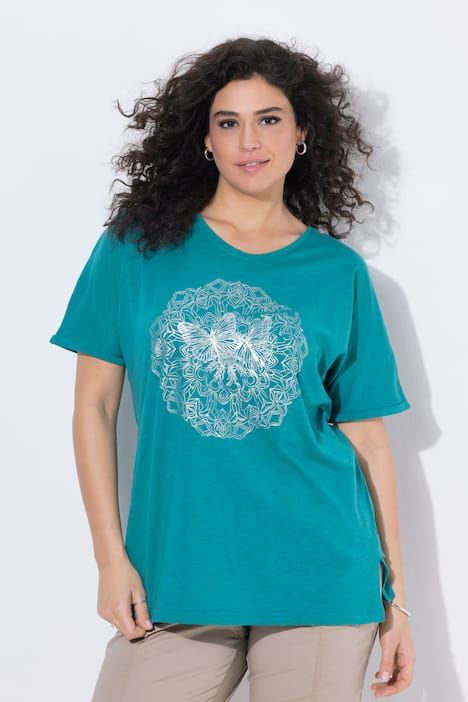 T-shirt mandala animal métallique, décolleté en V et manches courtes