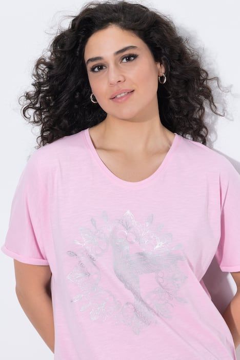 T-shirt mandala animal métallique, décolleté en V et manches courtes