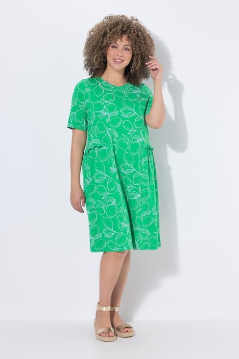 Robe en jersey motif citrons, décolleté en V et manches courtes, coupe évasée