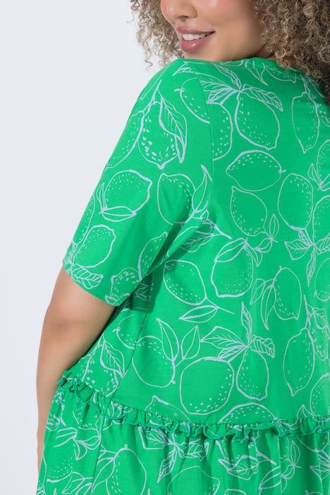 Robe en jersey motif citrons, décolleté en V et manches courtes, coupe évasée