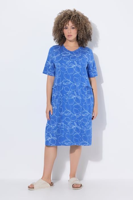 Robe en jersey motif citrons, décolleté en V et manches courtes, coupe évasée