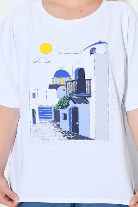 T-shirt oversize, imprimé Santorin, décolleté rond et manches courtes