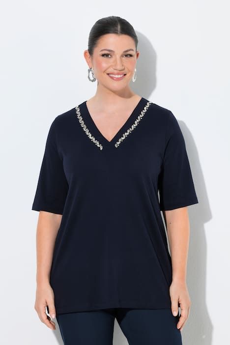 T-shirt en coton Pima, pierres fantaisie, décolleté en V et manches courtes