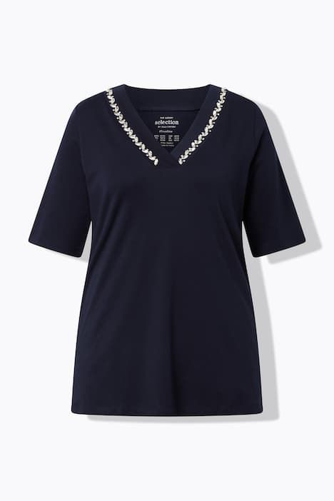 T-shirt en coton Pima, pierres fantaisie, décolleté en V et manches courtes