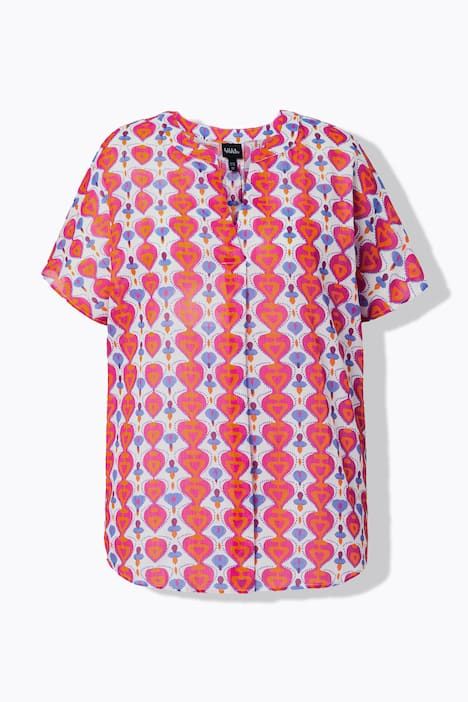 Chemisier imprimé, col très légèrement montant et manches longues, pli fantaisie