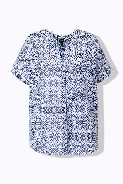 Chemisier imprimé, col très légèrement montant et manches longues, pli fantaisie