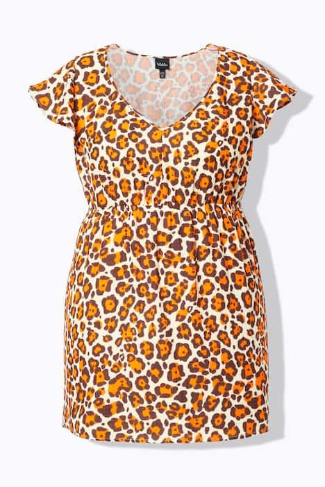 Blouse sans manches, coupe évasée, motif léopard et ruché, décolleté en V