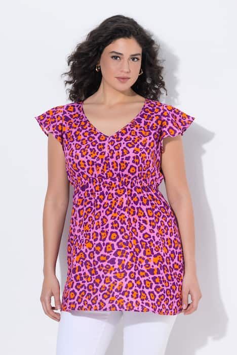 Blouse sans manches, coupe évasée, motif léopard et ruché, décolleté en V