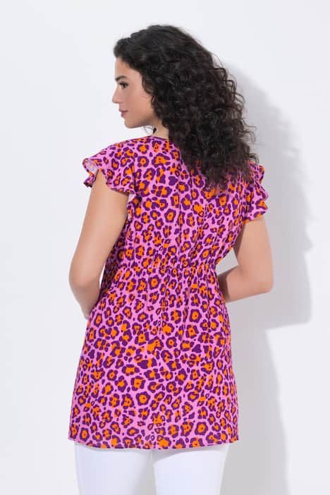 Blouse sans manches, coupe évasée, motif léopard et ruché, décolleté en V