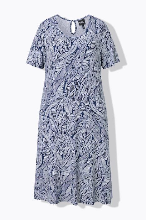 Robe en jersey motif feuilles, décolleté rond et manches courtes, coupe évasée