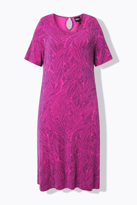 Robe en jersey motif feuilles, décolleté rond et manches courtes, coupe évasée