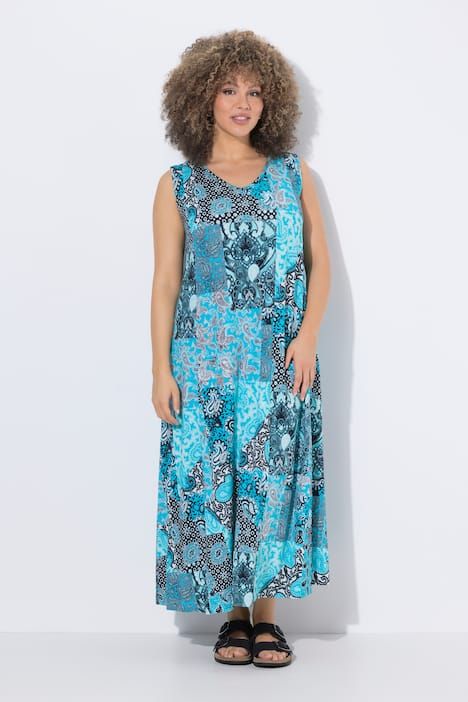 Robe maxi sans manches, jeu de motifs, décolleté en V et coupe évasée