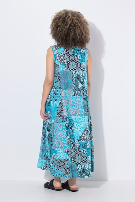 Robe maxi sans manches, jeu de motifs, décolleté en V et coupe évasée