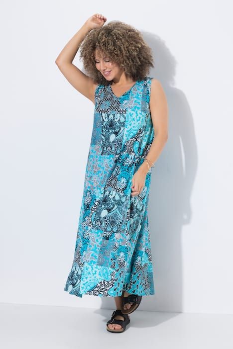 Robe maxi sans manches, jeu de motifs, décolleté en V et coupe évasée