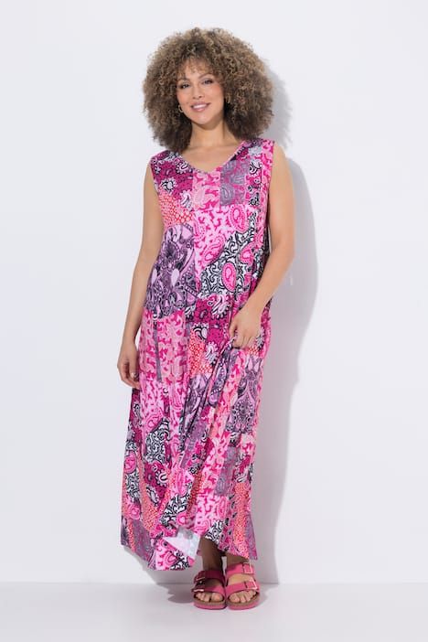 Robe maxi sans manches, jeu de motifs, décolleté en V et coupe évasée