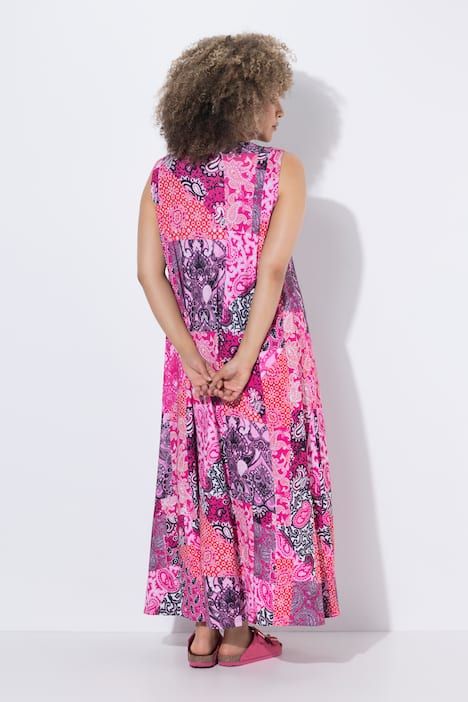Robe maxi sans manches, jeu de motifs, décolleté en V et coupe évasée