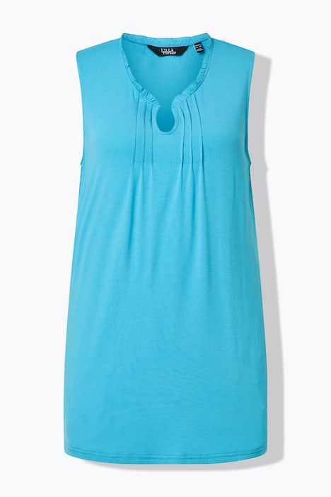 Top long sans manches, décolleté en V avec passepoils et col légèrement montant