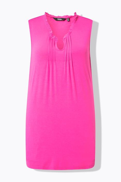 Top long sans manches, décolleté en V avec passepoils et col légèrement montant