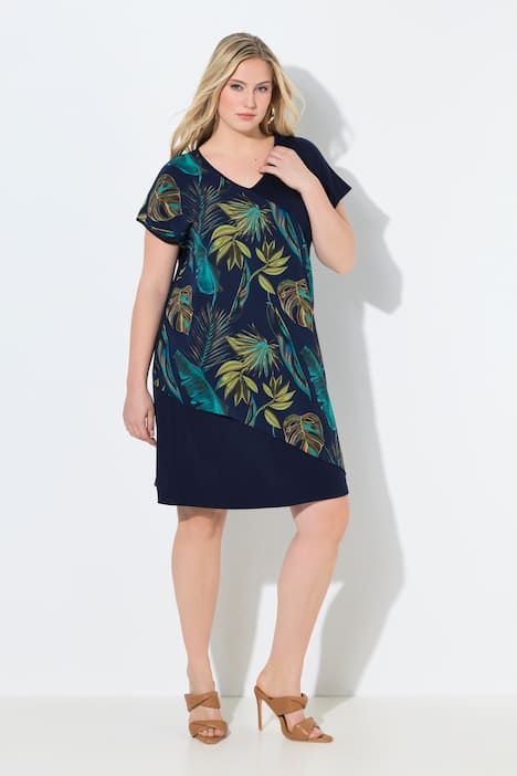 Robe en jersey, avec voile en mousseline motif feuilles, décolleté en V et manches courtes