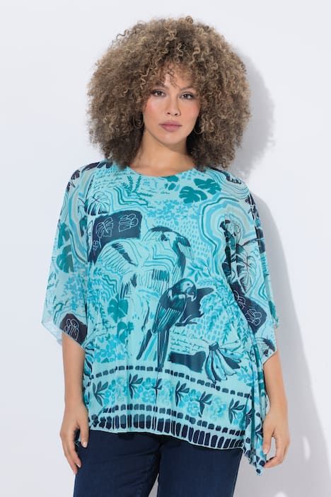 Blouse en tulle doublée, coupe oversize, décolleté rond et manches courtes