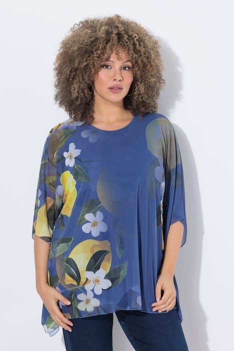 Blouse en tulle doublée, coupe oversize, décolleté rond et manches courtes