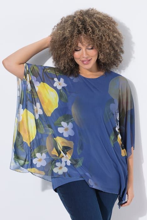 Blouse en tulle doublée, coupe oversize, décolleté rond et manches courtes