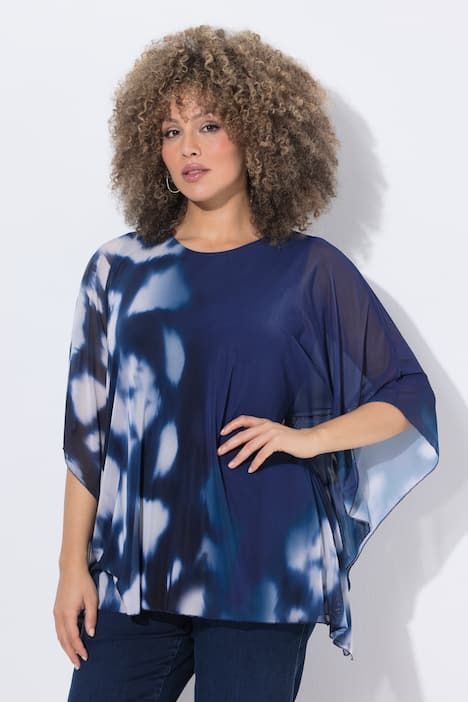 Blouse en tulle doublée, coupe oversize, décolleté rond et manches courtes