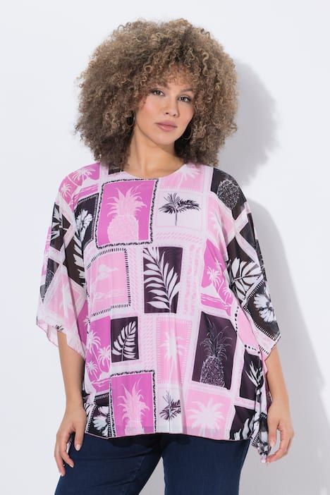 Blouse en tulle doublée, coupe oversize, décolleté rond et manches courtes