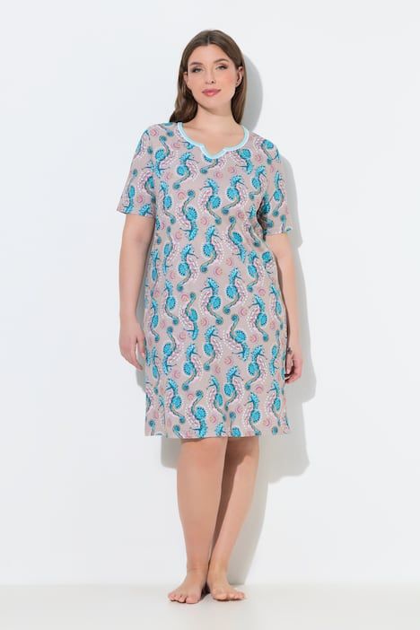 Lot de 2 chemises de nuit, motif hippocampes, col rond/tunisien