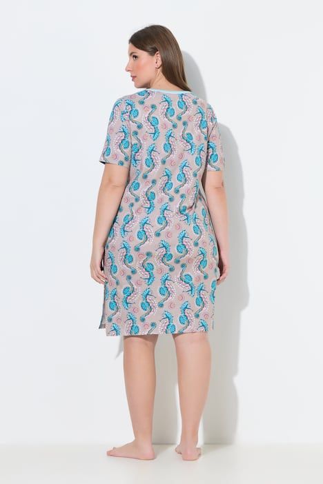 Lot de 2 chemises de nuit, motif hippocampes, col rond/tunisien