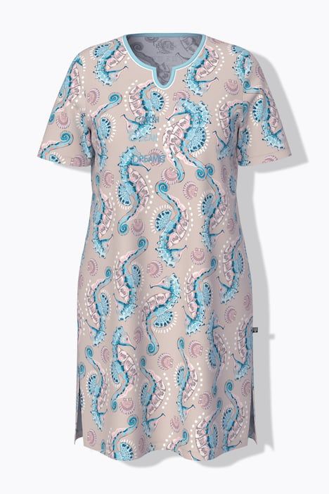 Lot de 2 chemises de nuit, motif hippocampes, col rond/tunisien