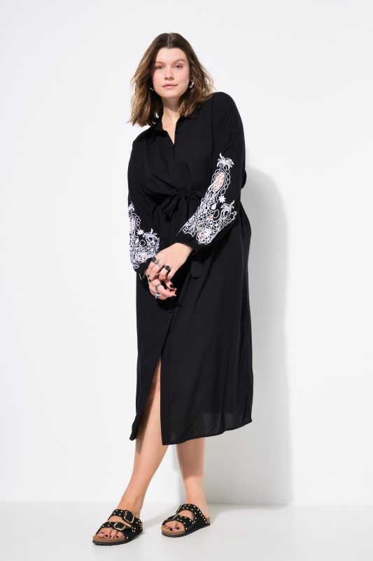 Robe-chemisier midi, manches bouffantes brodées, coupe évasée