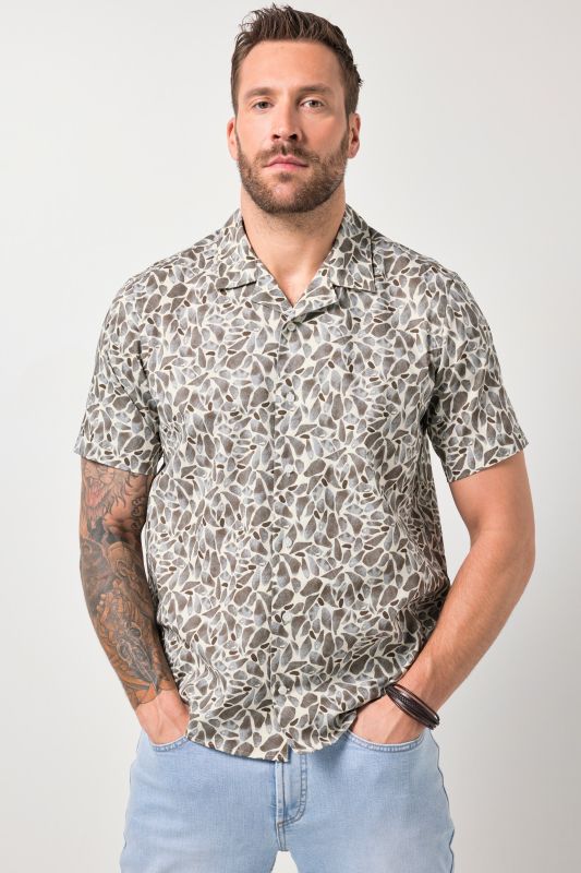 Chemise JP 1880 en lin mélangé, imprimé à fleurs, manches courtes et col cubain, coupe Cuba-Fit - jusqu'au 8 XL