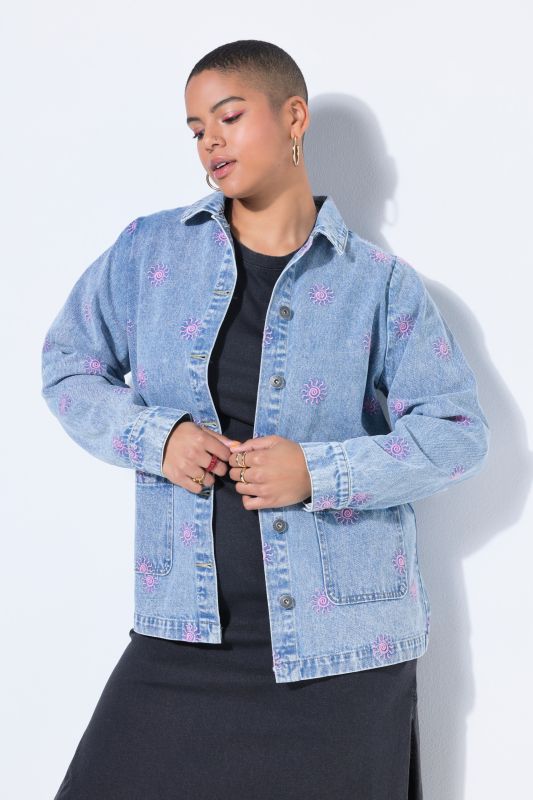 Veste en jean à manches longue, broderie Sun, coupe Boxy Fit