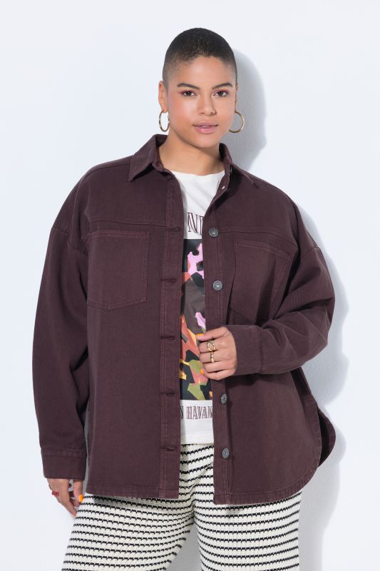 Chemisier en denim enduit, coupe oversize et manches longues