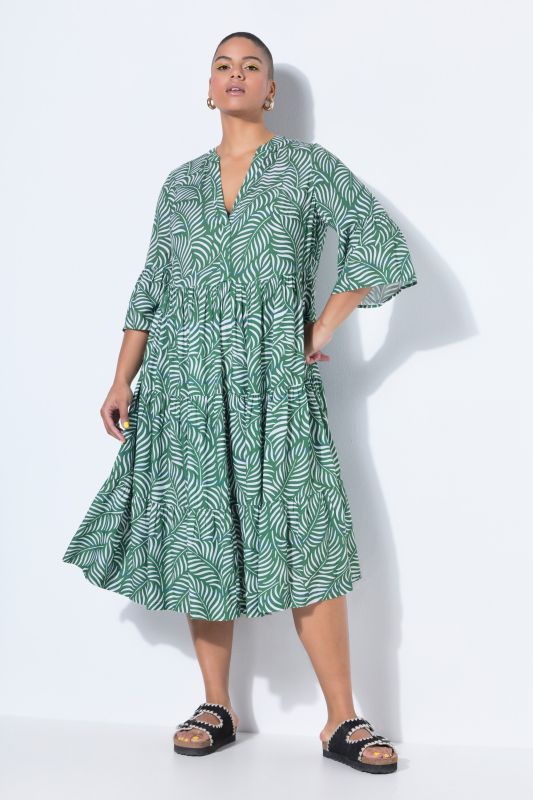 Robe maxi, imprimé feuilles, décolleté en V et volants