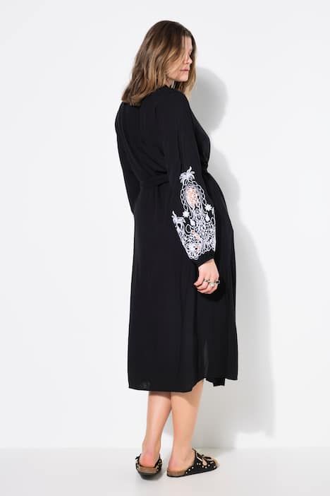 Robe-chemisier midi, manches bouffantes brodées, coupe évasée