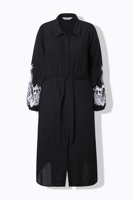 Robe-chemisier midi, manches bouffantes brodées, coupe évasée