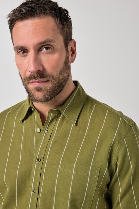 Chemise rayé en lin mélangé JP1880, manches courtes et col kent, coupe Modern Fit - jusqu'au 8 XL