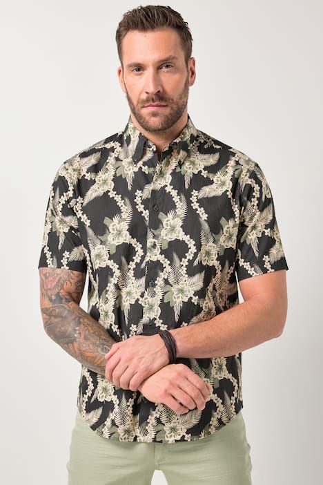 Chemise JP 1880 en lin mélangé, imprimé all-over, manches courtes et col à pointes boutonnées, coupe Modern Fit - jusqu'au 8 XL
