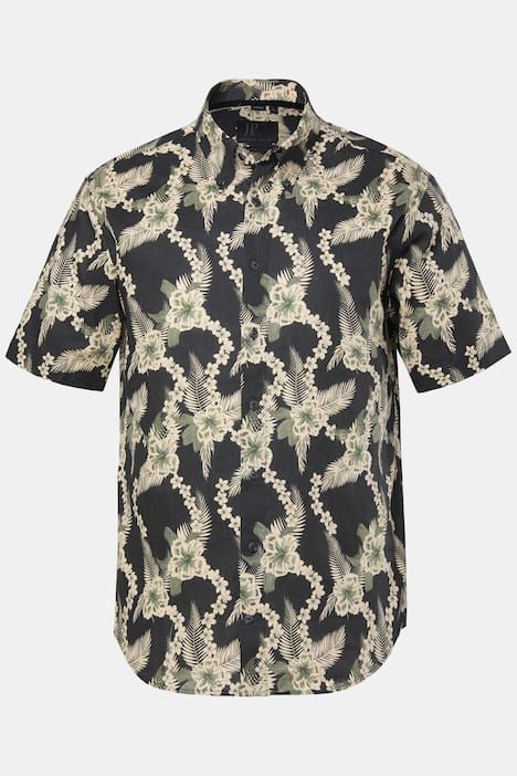 Chemise JP 1880 en lin mélangé, imprimé all-over, manches courtes et col à pointes boutonnées, coupe Modern Fit - jusqu'au 8 XL