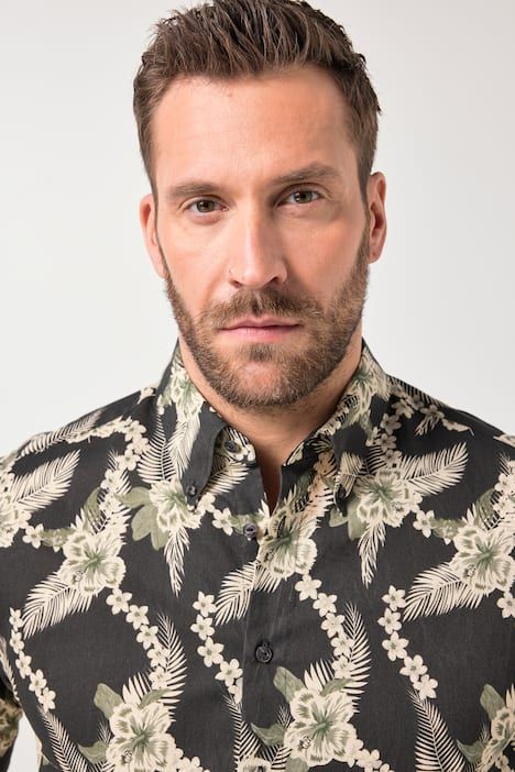 Chemise JP 1880 en lin mélangé, imprimé all-over, manches courtes et col à pointes boutonnées, coupe Modern Fit - jusqu'au 8 XL