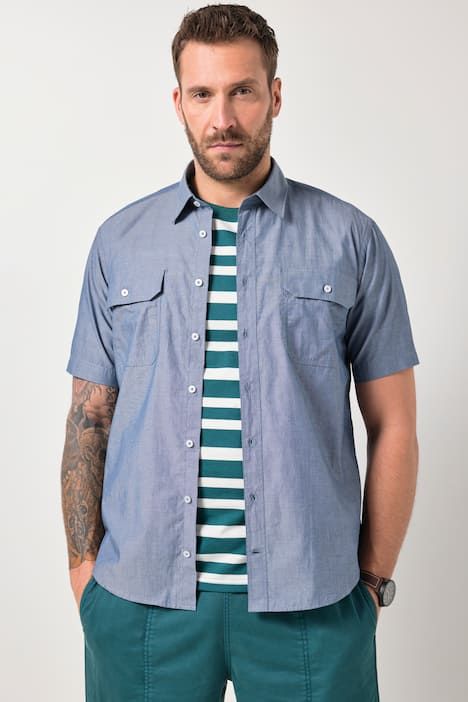 Chemise JP 1880 en chambray, manches courtes et col Kent, 2 poches, coupe Modern Fit - jusqu'au 8 XL