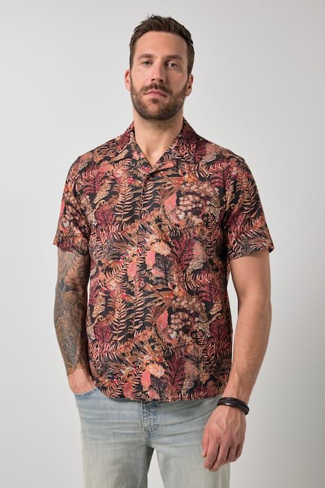 Chemise JP 1880 en lin mélangé, imprimé all-over, manches courtes et col cubain, coupe Cuba Fit - jusqu'au 8 XL