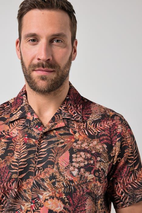 Chemise JP 1880 en lin mélangé, imprimé all-over, manches courtes et col cubain, coupe Cuba Fit - jusqu'au 8 XL